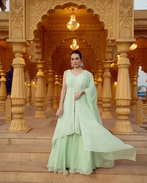 Tea Green Embroidered Front Slit Suit Set