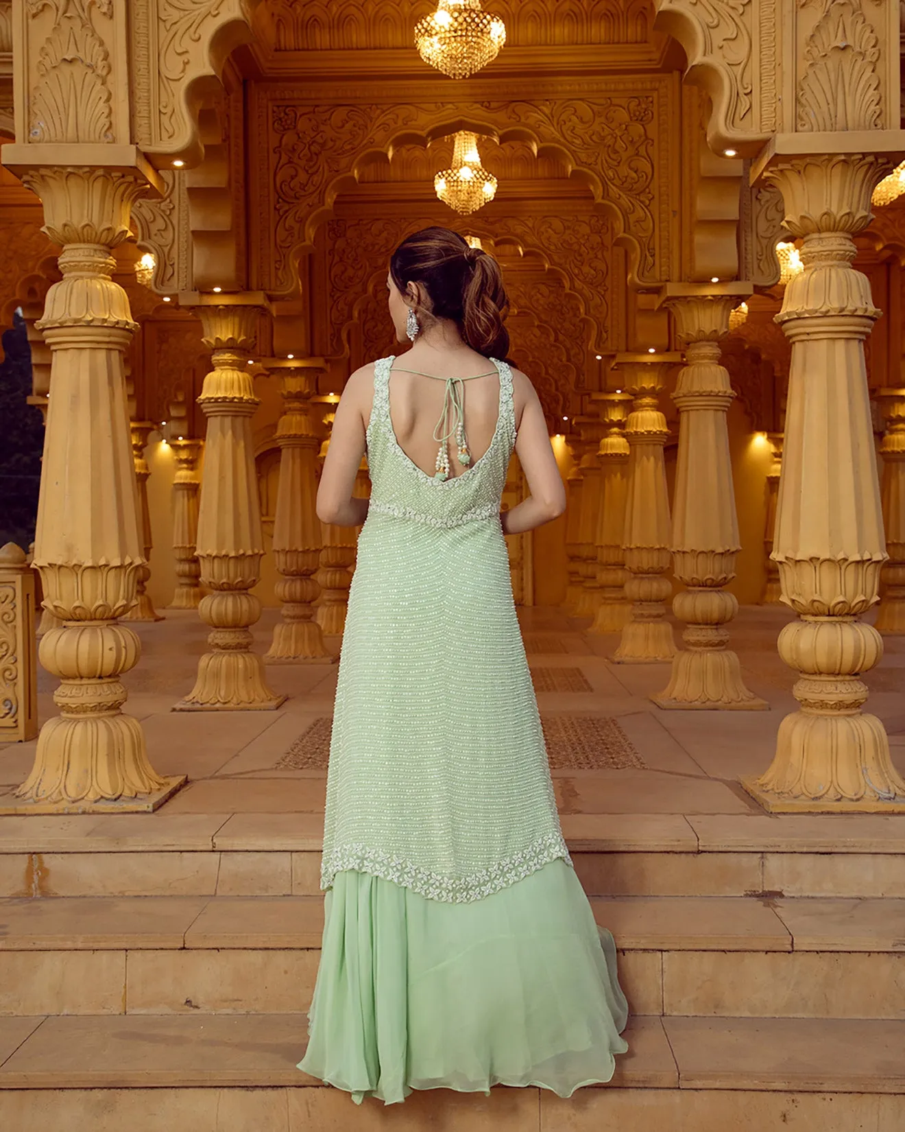 Tea Green Embroidered Front Slit Suit Set