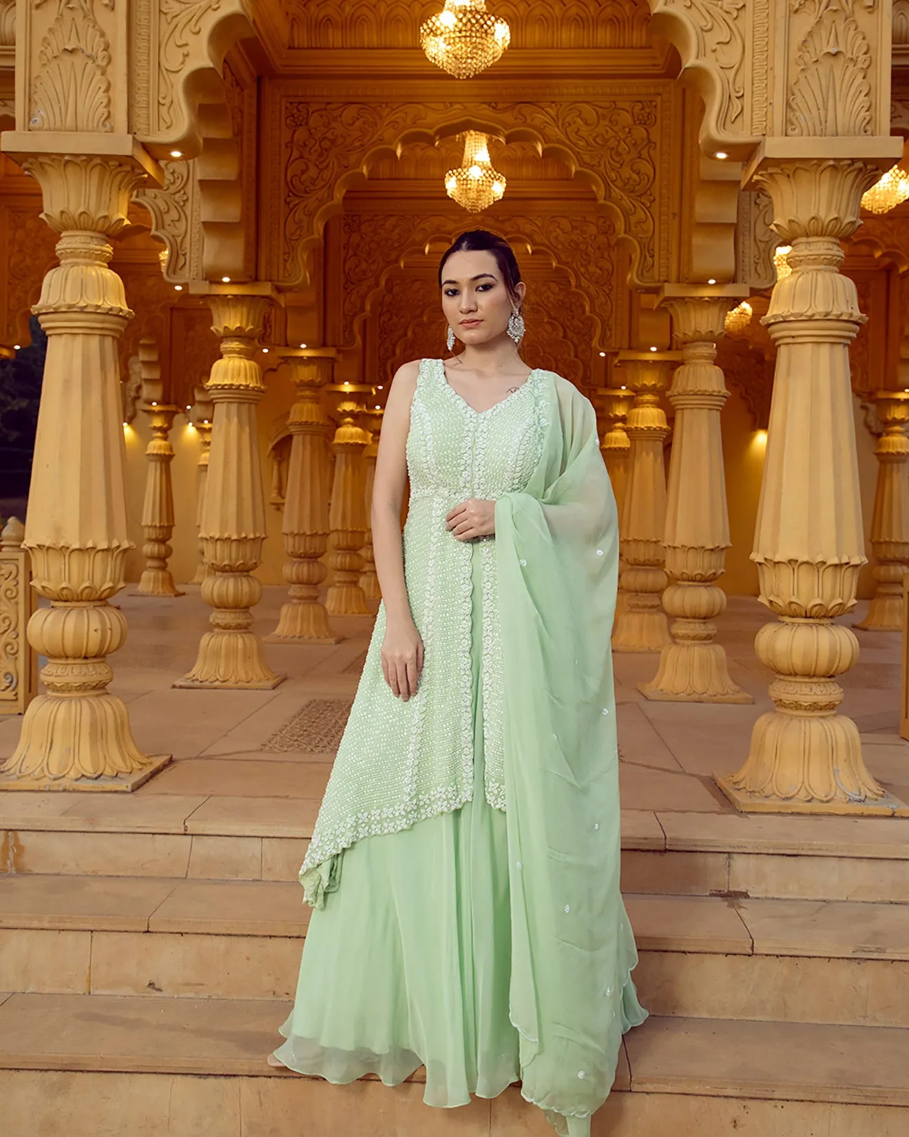 Tea Green Embroidered Front Slit Suit Set