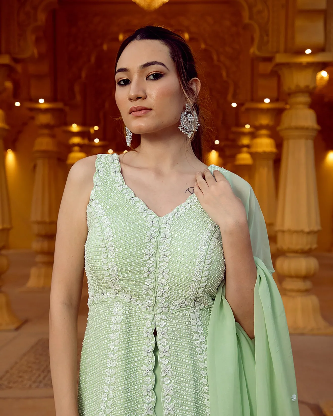 Tea Green Embroidered Front Slit Suit Set