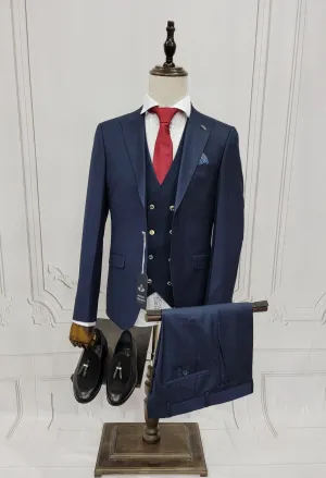 Three Pieces Classic Suit with Double Breasted Style Vest and gold Buttons.