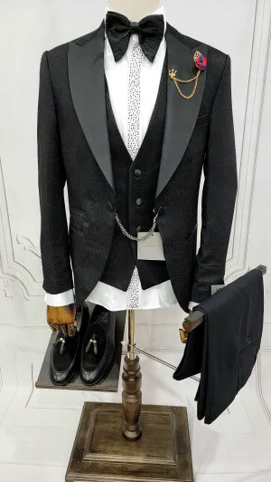 Three Pieces Tuxedo Suit with a Classic Black Satin Lapel, matching bow tie and Black Pants.