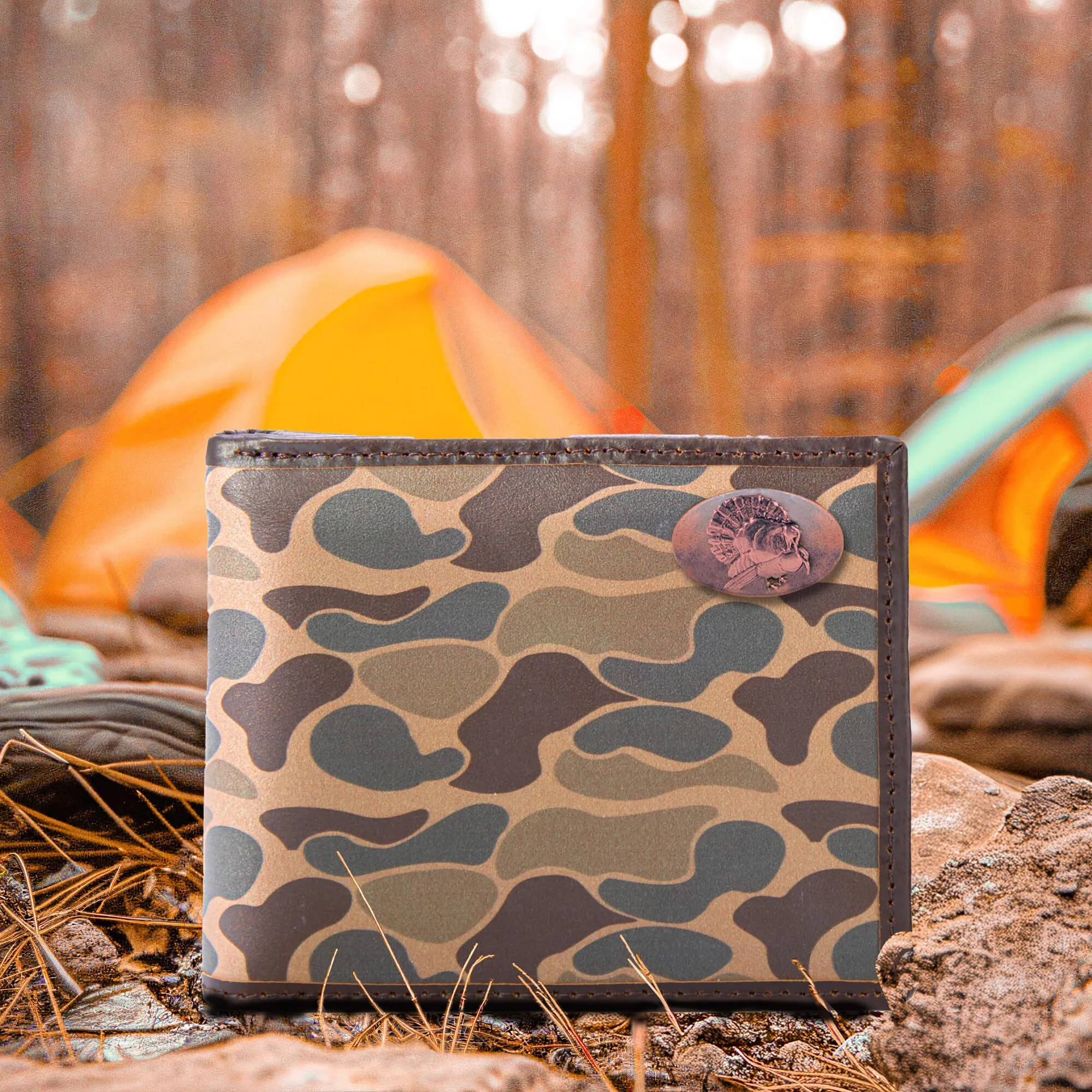 Turkey Men's Bifold Old School Camo Leather Wallet.