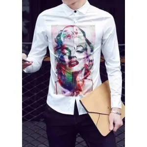 Turn-Down Collar 3D Marilyn Monroe Print Long Sleeve Shirt For Men - White 2xl