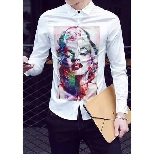 Turn-Down Collar 3D Marilyn Monroe Print Long Sleeve Shirt For Men - White 2xl