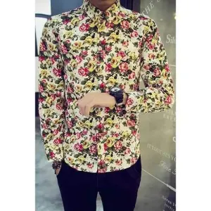 Turn-Down Collar Long Sleeve Flower Printed Shirt For Men - Yellow M