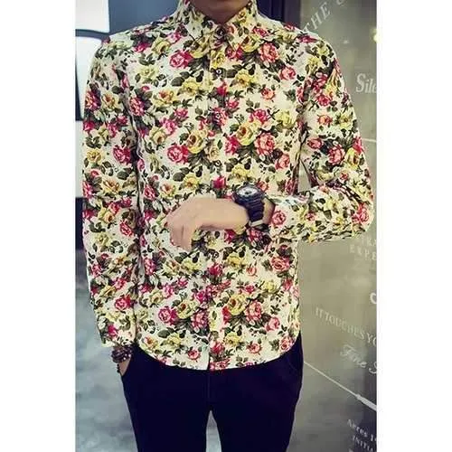 Turn-Down Collar Long Sleeve Flower Printed Shirt For Men - Yellow M