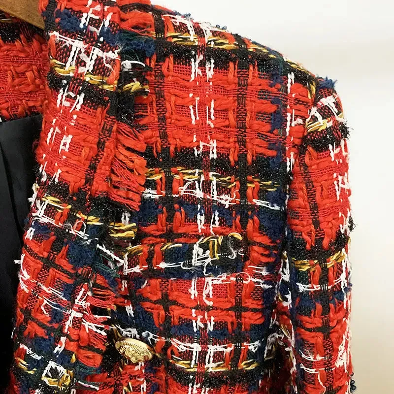 Tweed Plaid Fringed Wool Jacket - Double-Breasted Autumn Coat