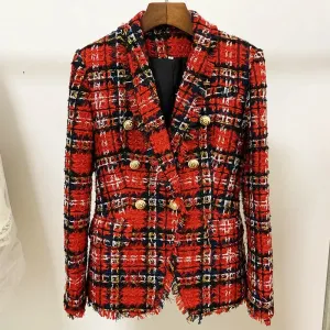 Tweed Plaid Fringed Wool Jacket - Double-Breasted Autumn Coat