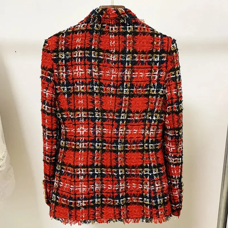Tweed Plaid Fringed Wool Jacket - Double-Breasted Autumn Coat