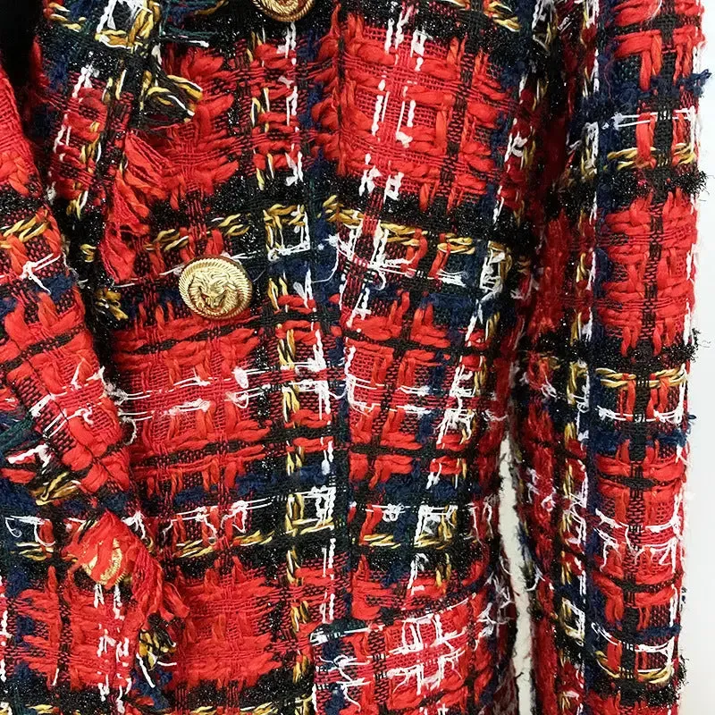Tweed Plaid Fringed Wool Jacket - Double-Breasted Autumn Coat