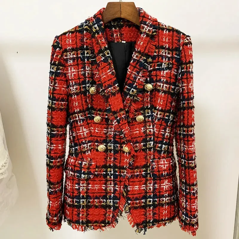 Tweed Plaid Fringed Wool Jacket - Double-Breasted Autumn Coat