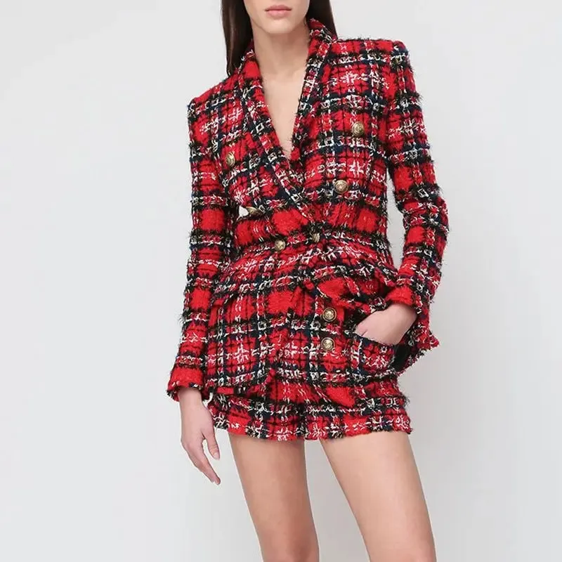 Tweed Plaid Fringed Wool Jacket - Double-Breasted Autumn Coat