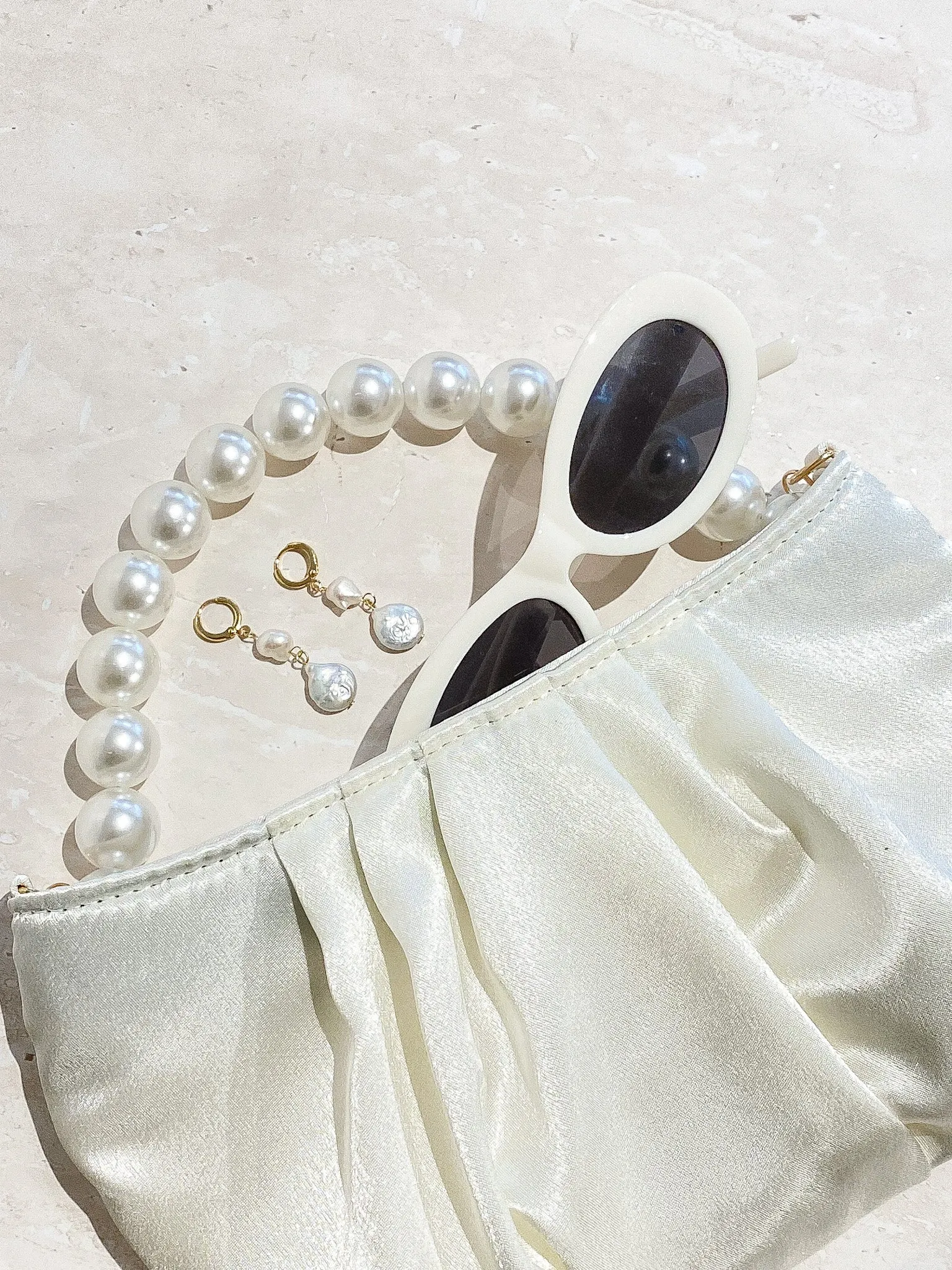 Victoria Satin Pearl Strap Bag in White