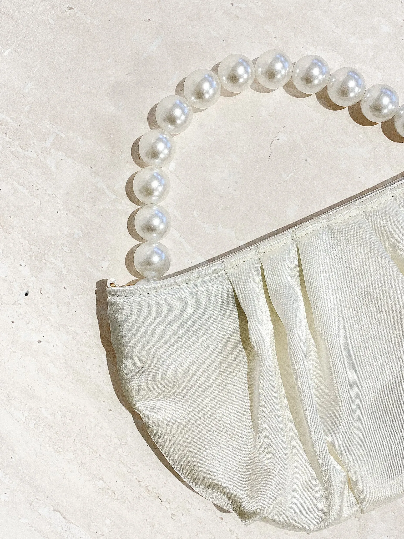 Victoria Satin Pearl Strap Bag in White