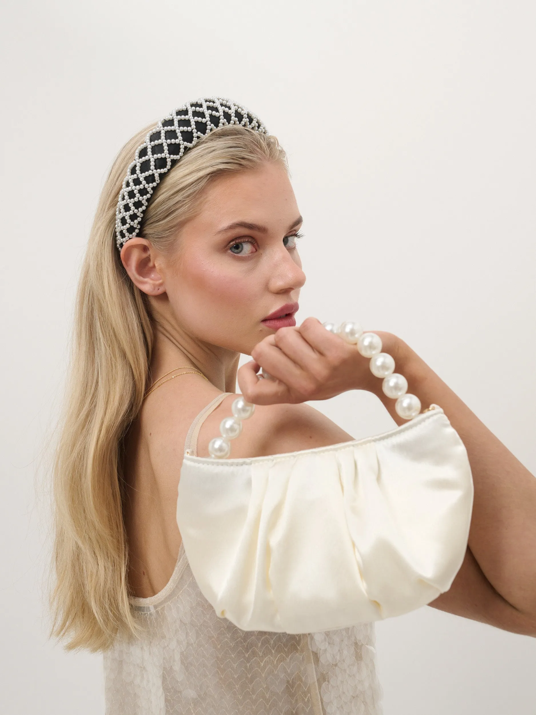 Victoria Satin Pearl Strap Bag in White