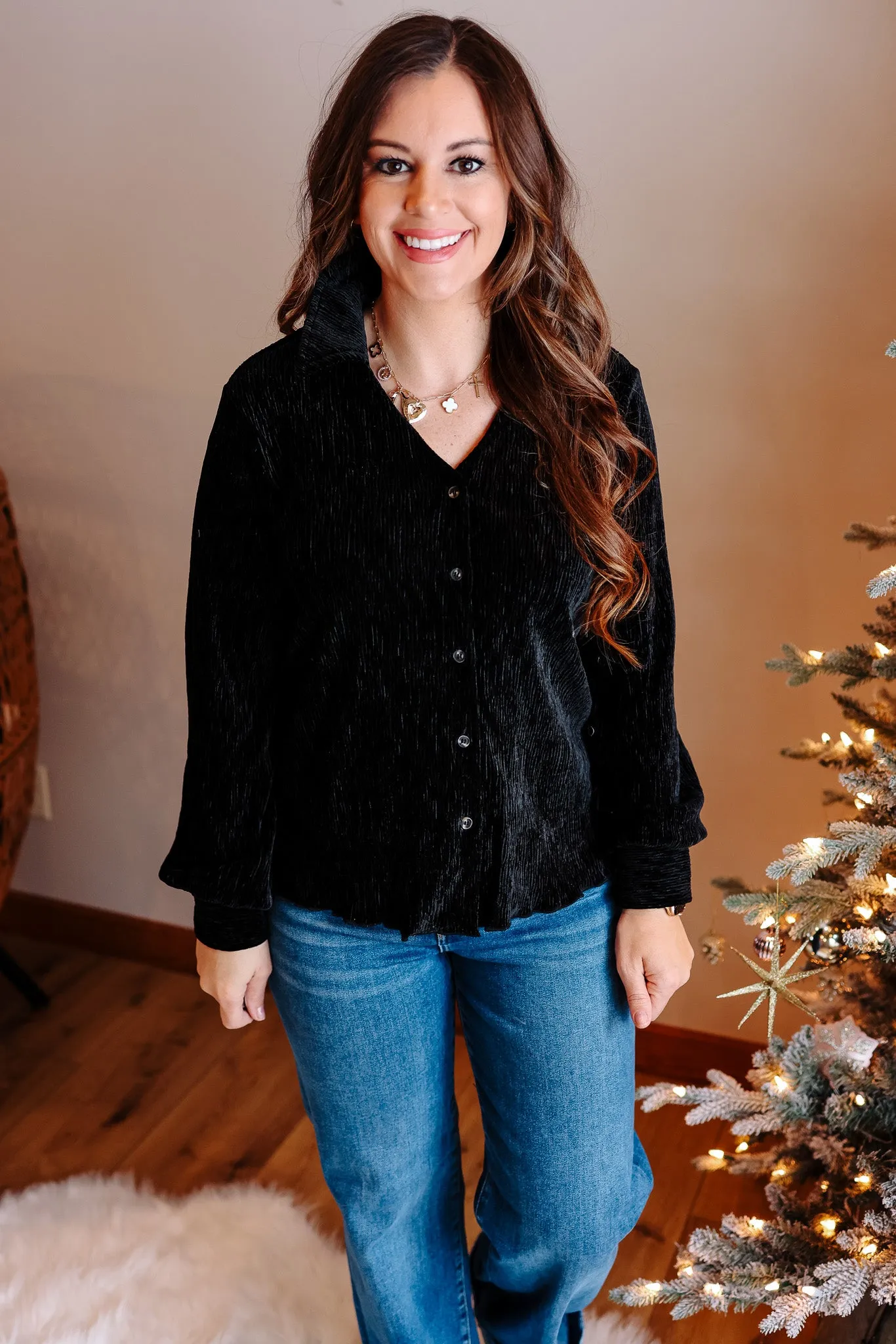 Vienna Crinkle Velvet Top - Black