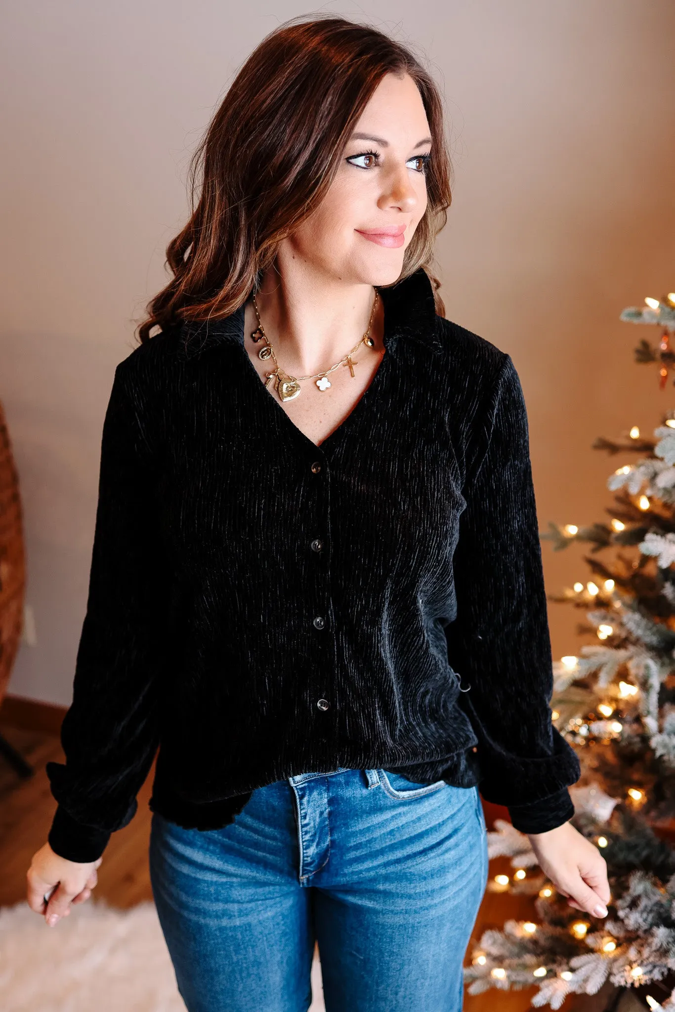 Vienna Crinkle Velvet Top - Black