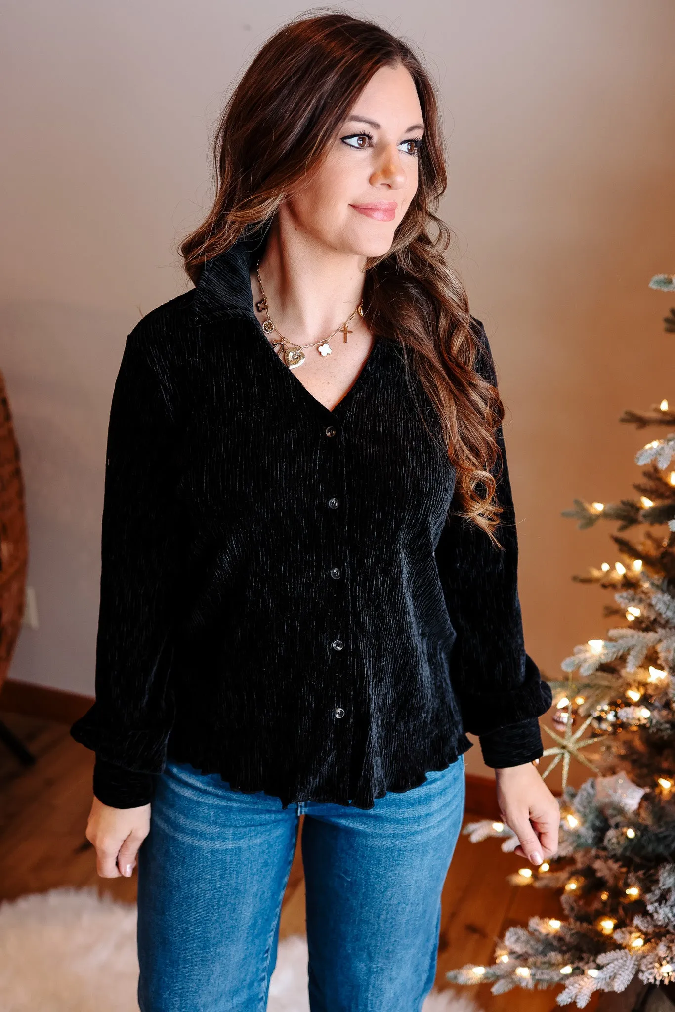 Vienna Crinkle Velvet Top - Black