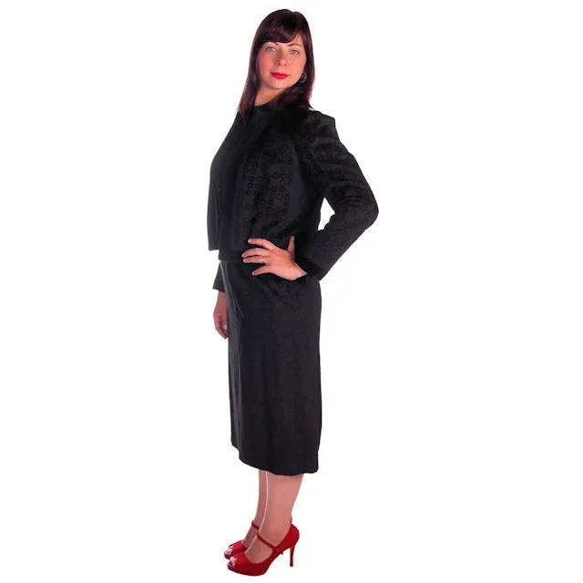 Vintage Classic Textured Black Suit Ophelie 1980s Paris Circles Motif  40 Bust-43