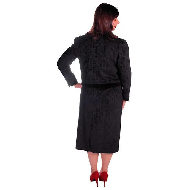 Vintage Classic Textured Black Suit Ophelie 1980s Paris Circles Motif  40 Bust-43