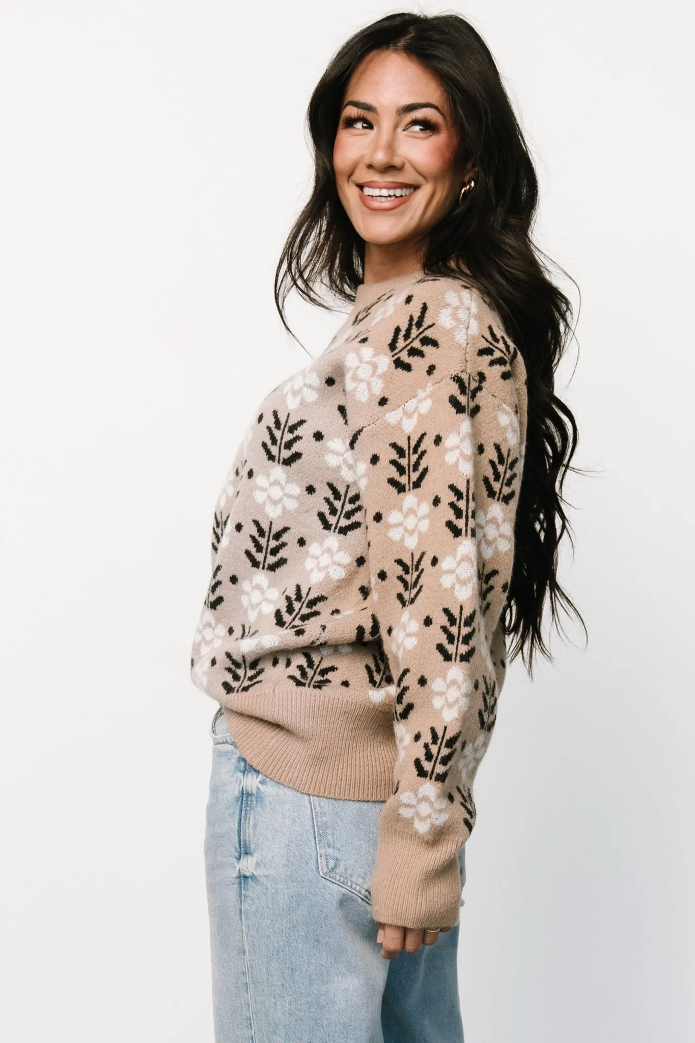 Vintage Flower Pattern Crew Neck Sweater