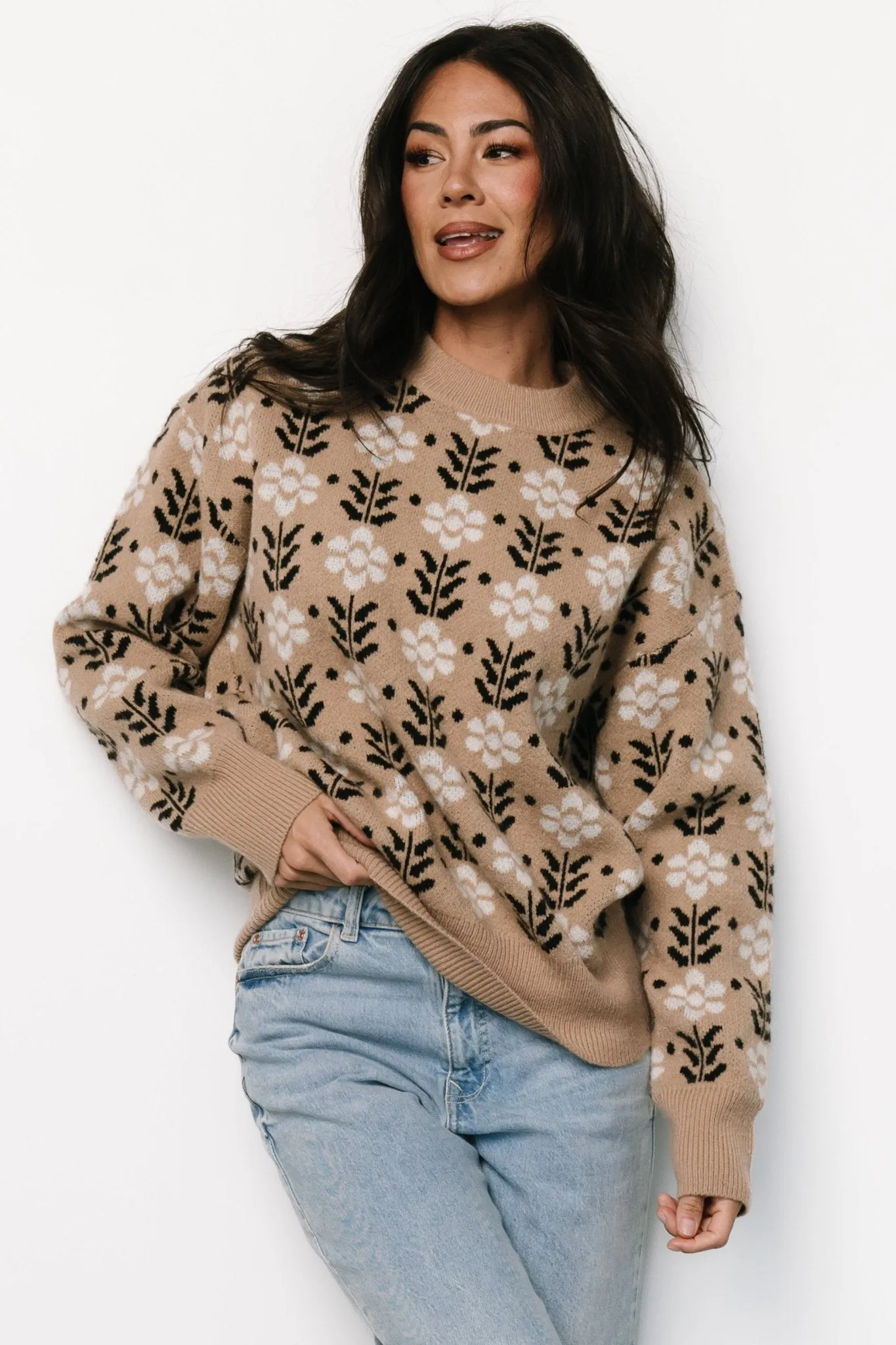 Vintage Flower Pattern Crew Neck Sweater