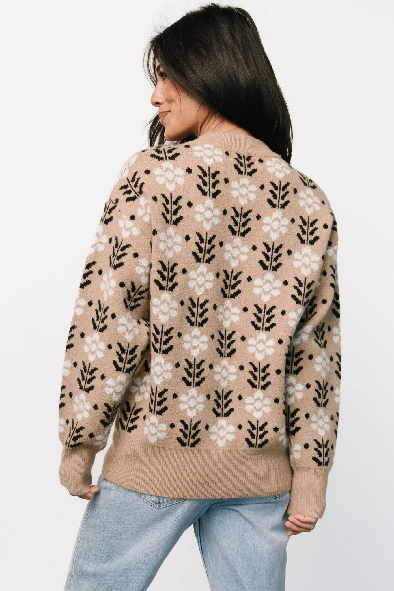 Vintage Flower Pattern Crew Neck Sweater