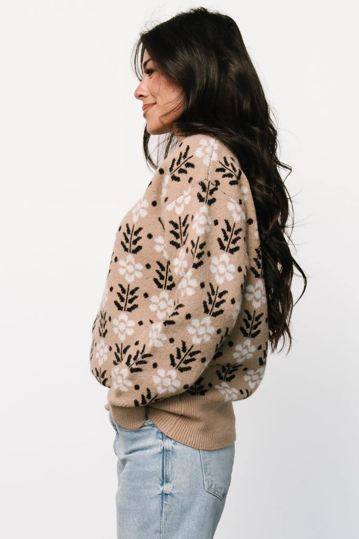 Vintage Flower Pattern Crew Neck Sweater