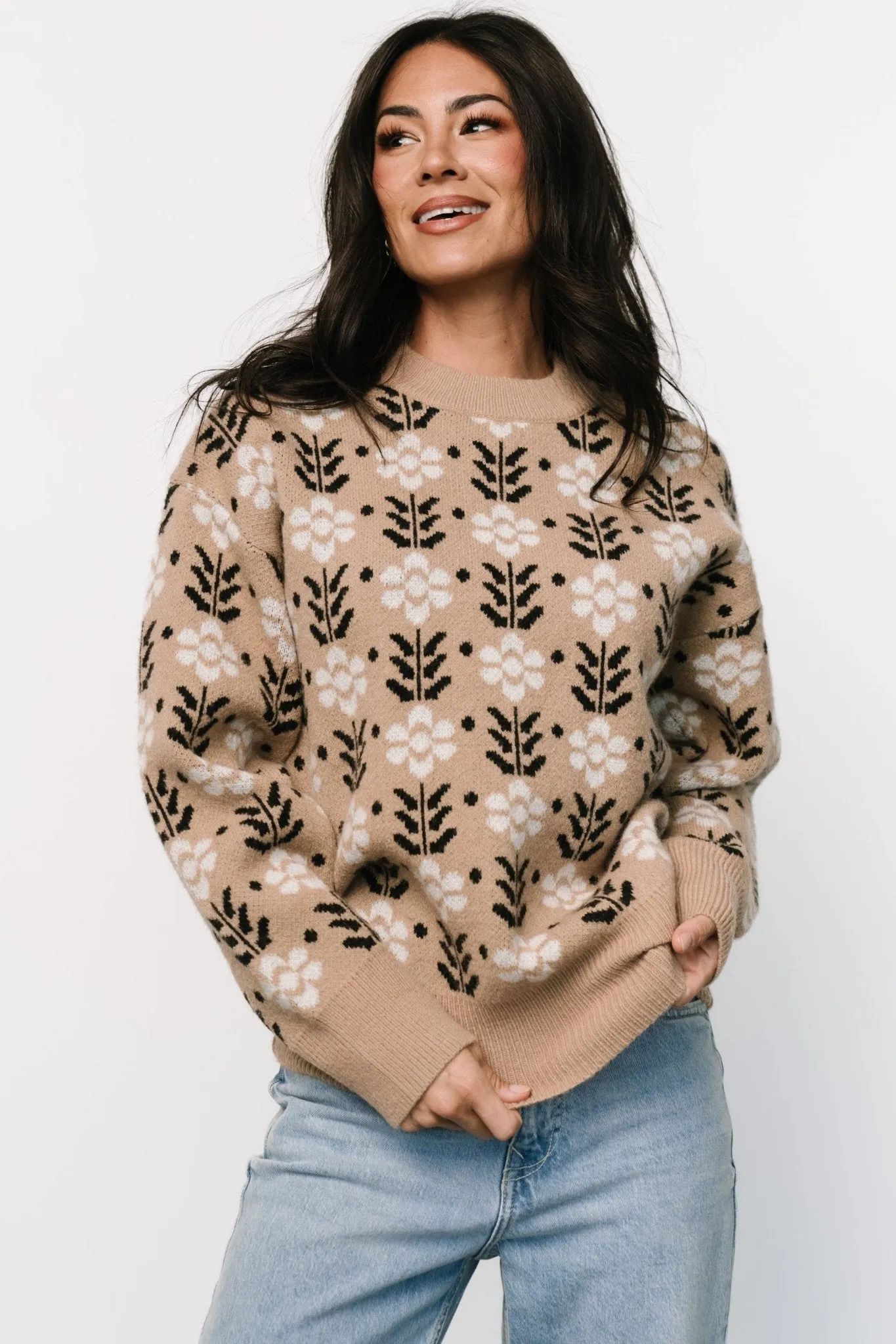 Vintage Flower Pattern Crew Neck Sweater