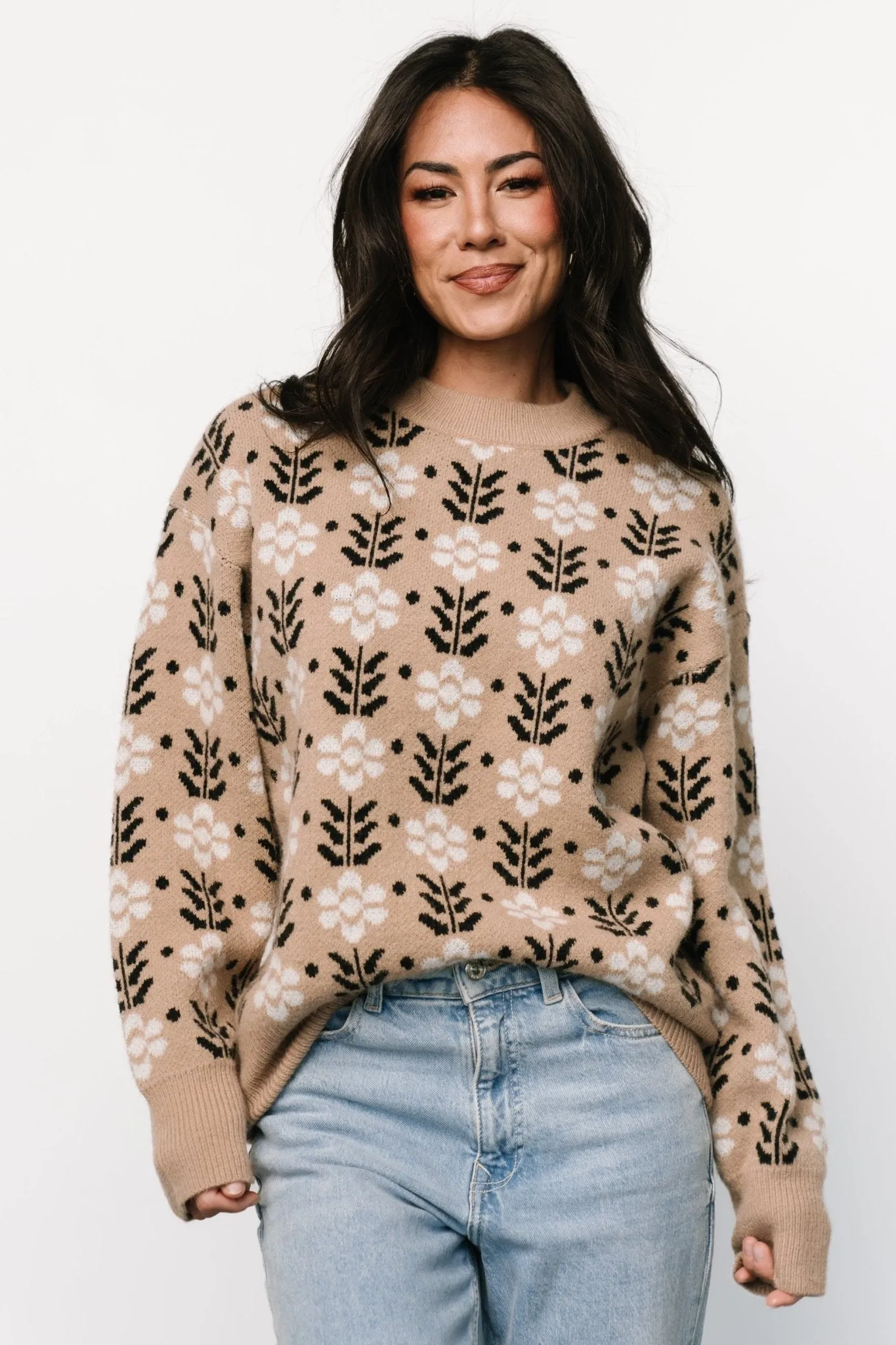 Vintage Flower Pattern Crew Neck Sweater
