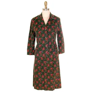 Vintage Ladies Suit PinWale Corduroy Green Floral Print 1960s Medium