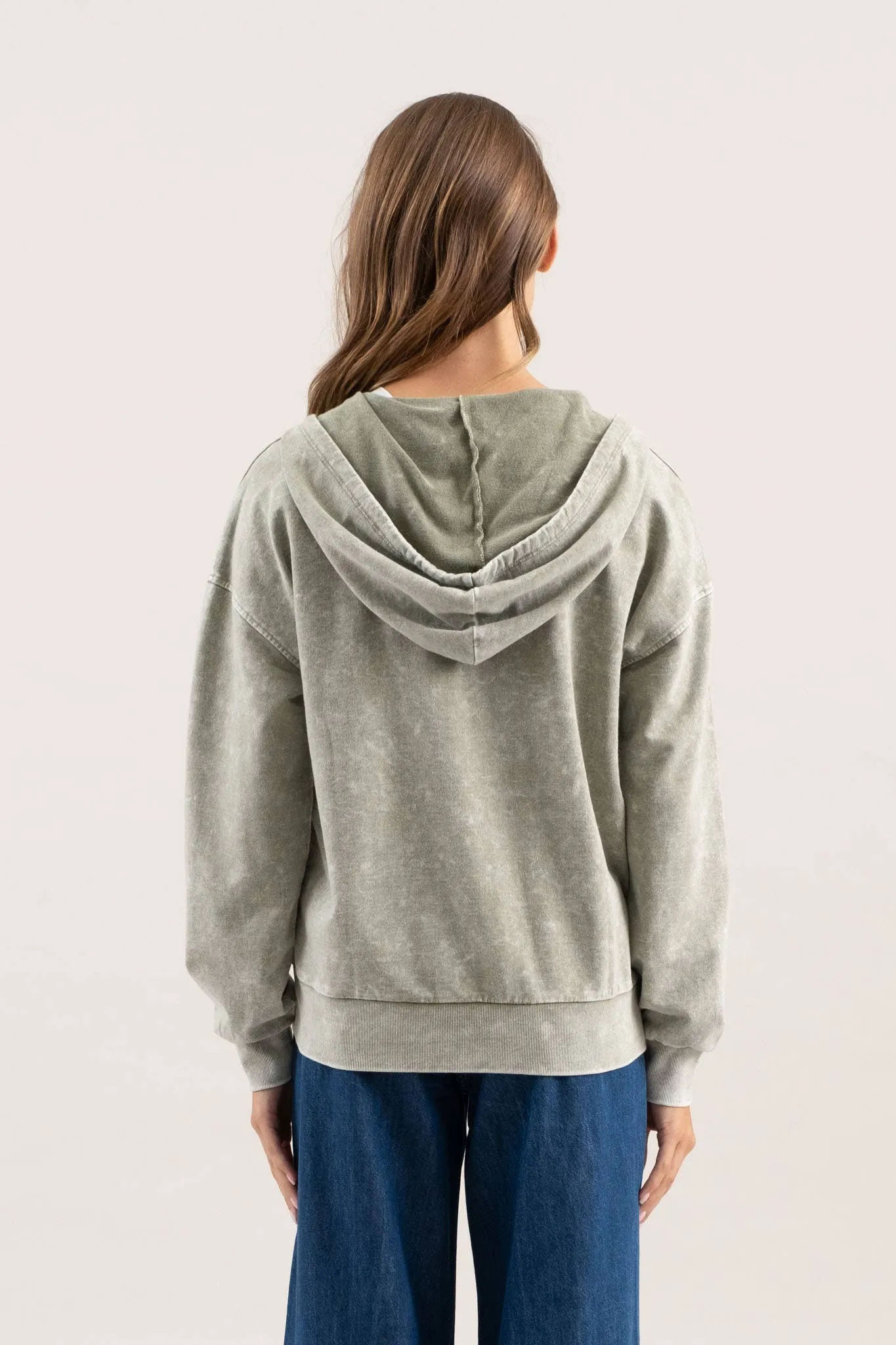 WASHED HOODED HENLEY KNIT SWEATER