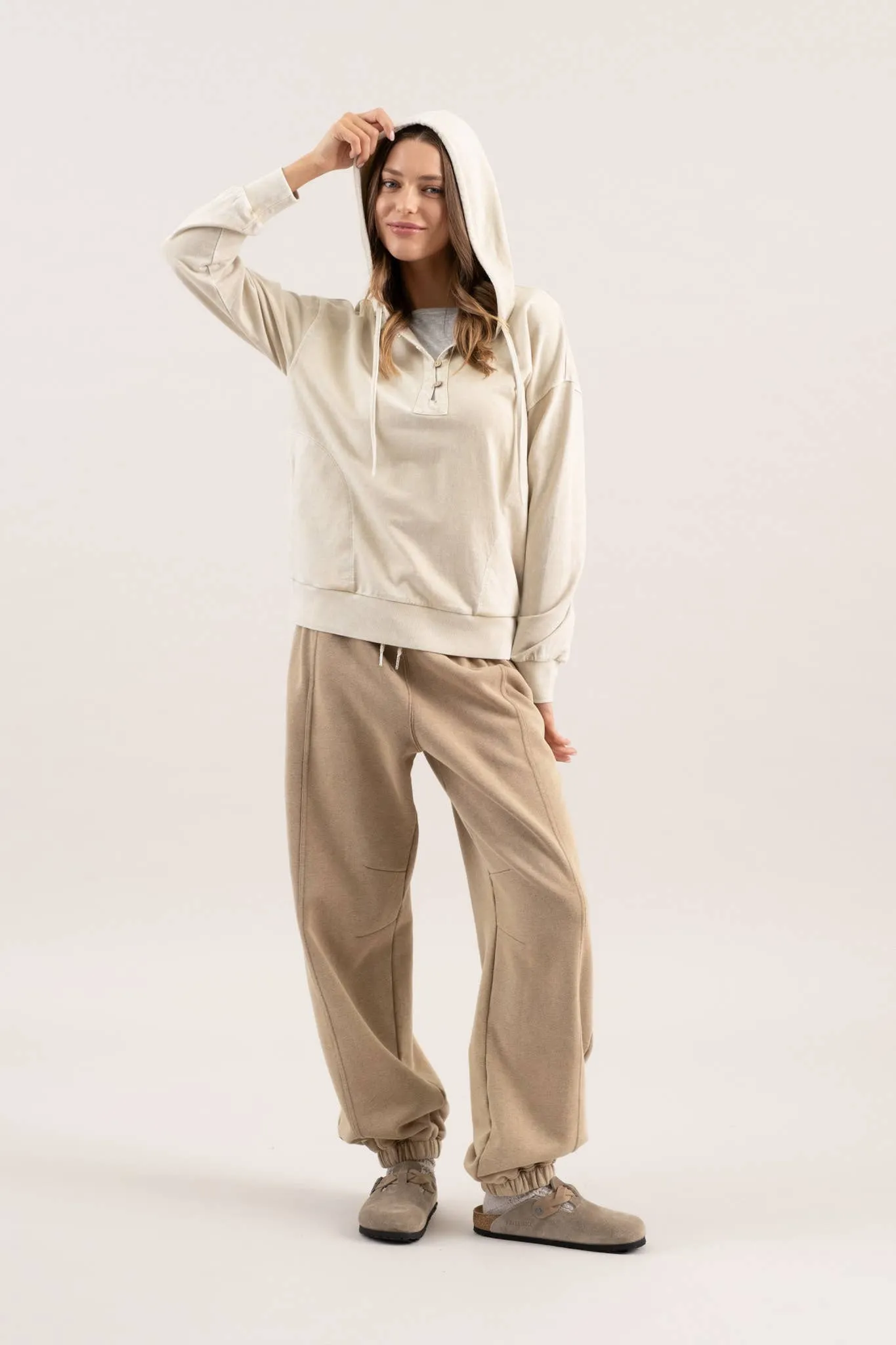 WASHED HOODED HENLEY KNIT SWEATER