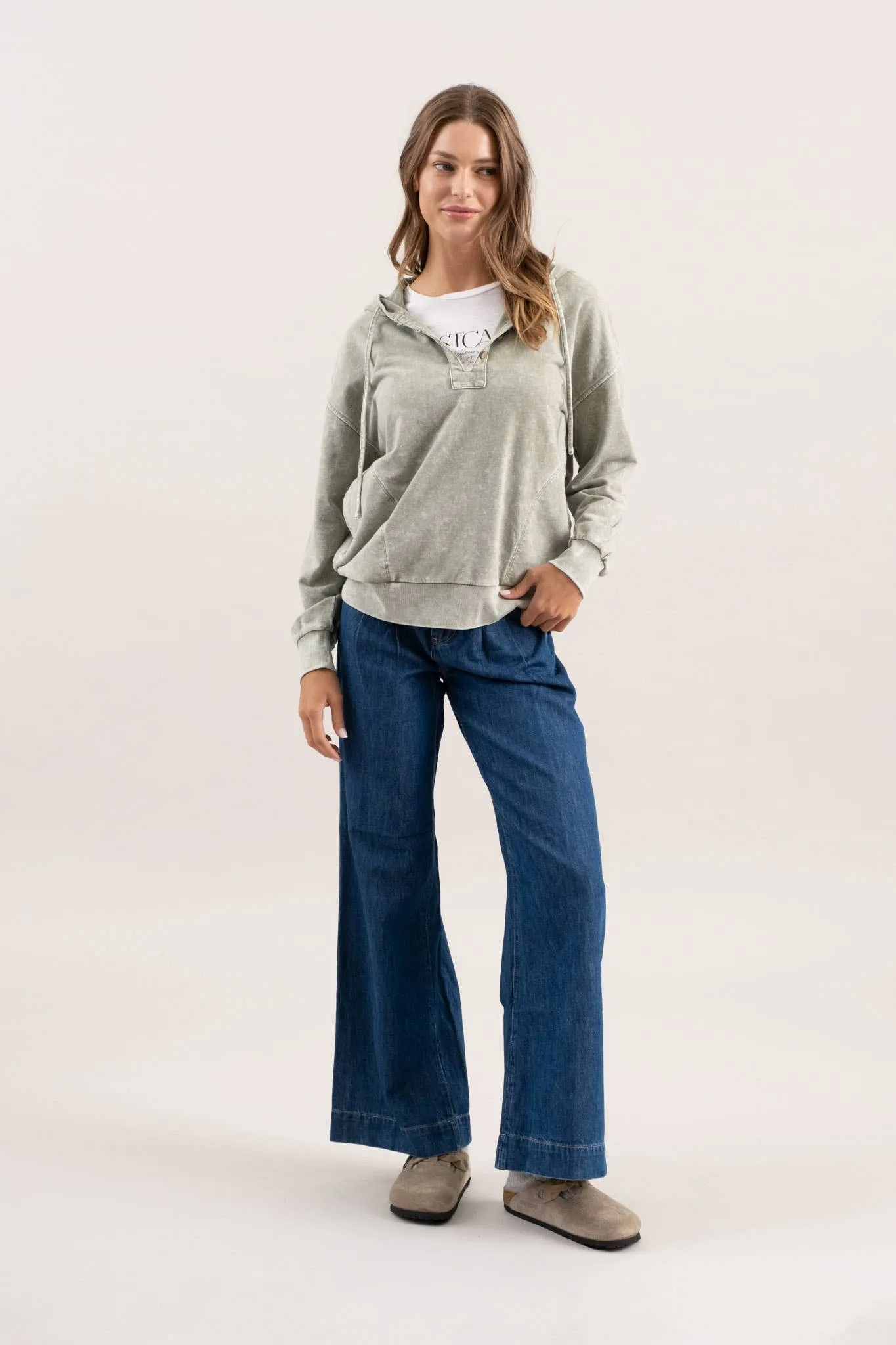 WASHED HOODED HENLEY KNIT SWEATER