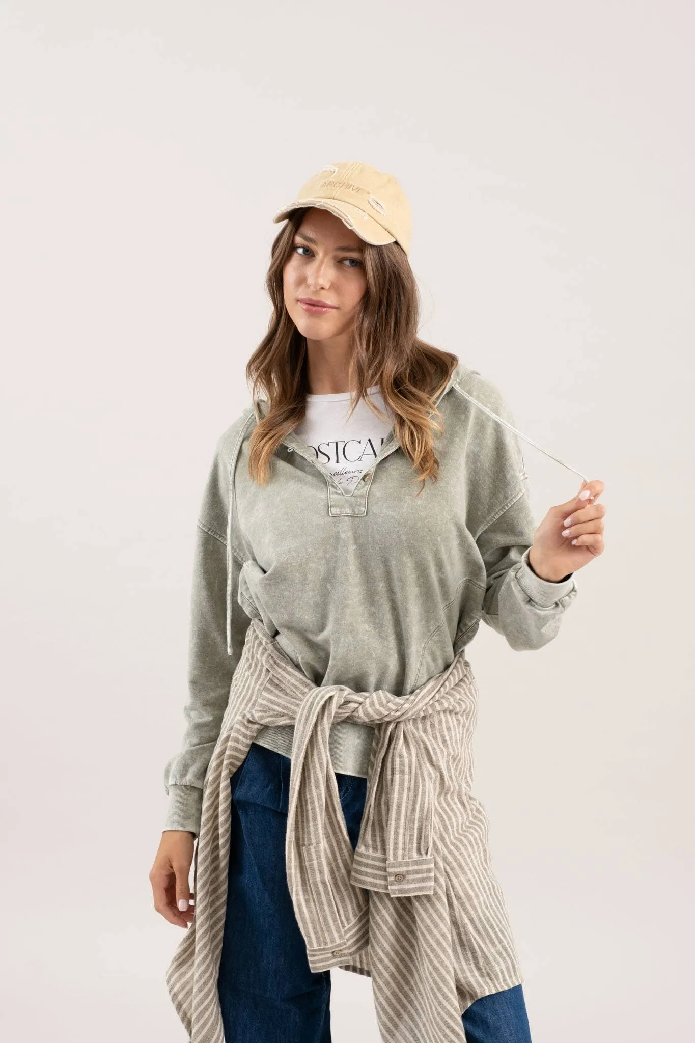 WASHED HOODED HENLEY KNIT SWEATER