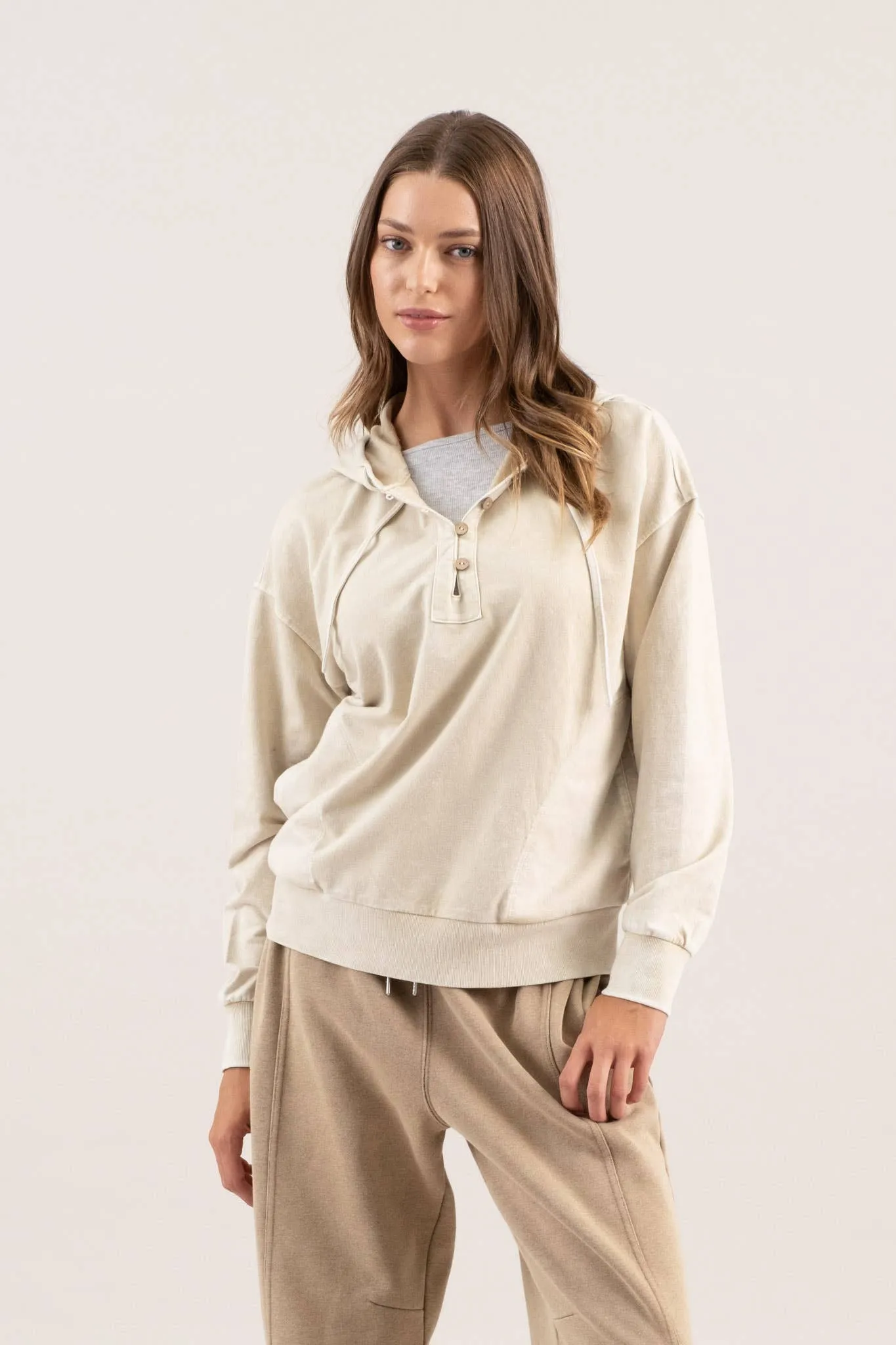 WASHED HOODED HENLEY KNIT SWEATER
