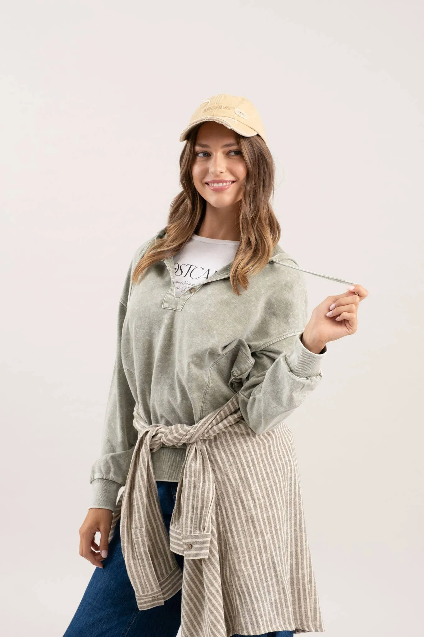 WASHED HOODED HENLEY KNIT SWEATER