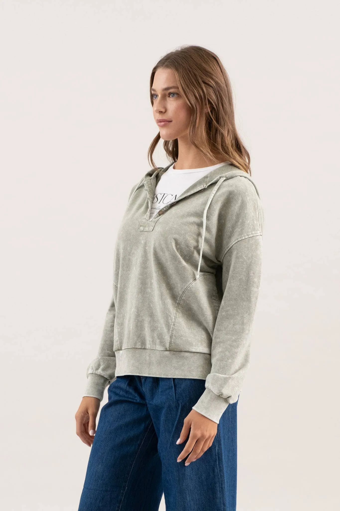 WASHED HOODED HENLEY KNIT SWEATER