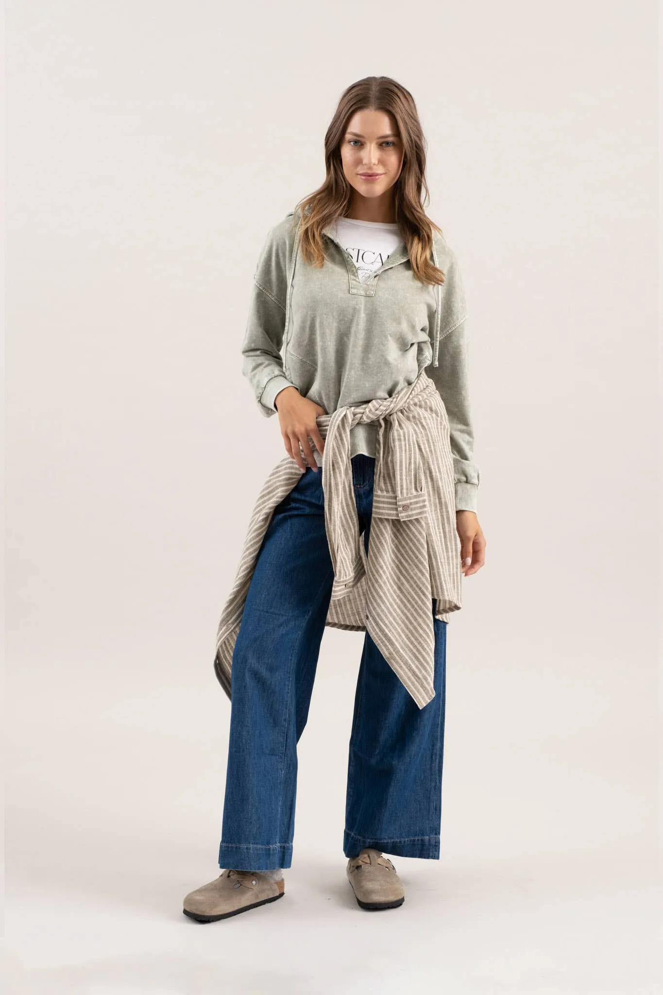 WASHED HOODED HENLEY KNIT SWEATER