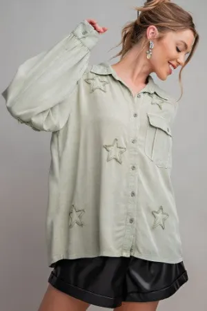 Washed Light Sage Star Patch Button Down