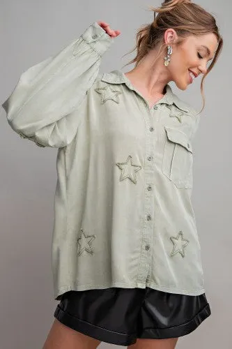 Washed Light Sage Star Patch Button Down