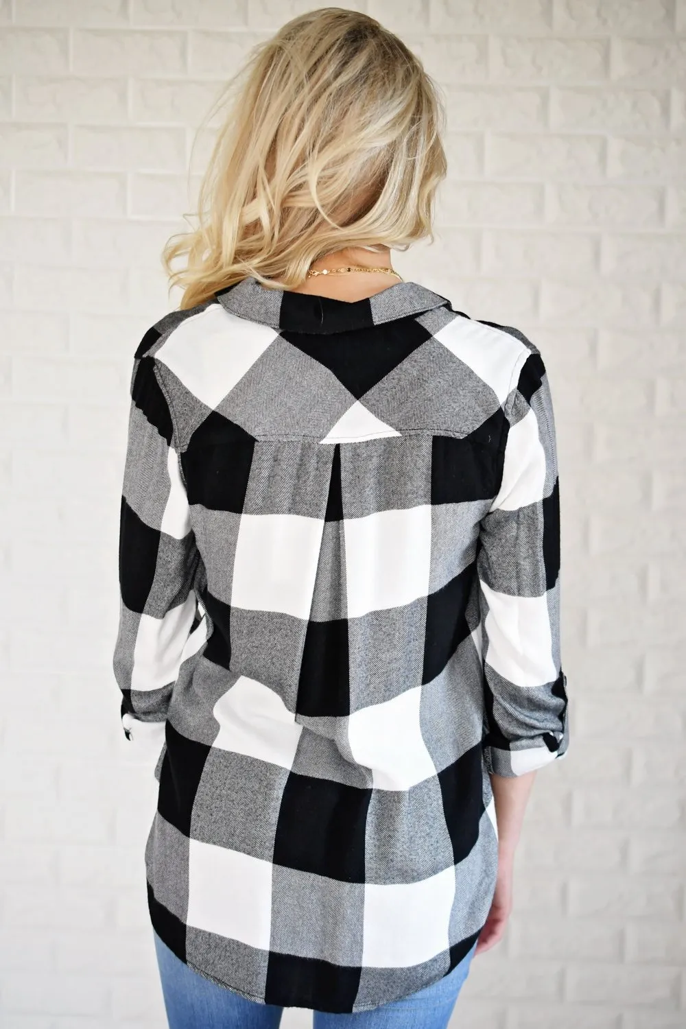 White & Black Plaid Button Up Top