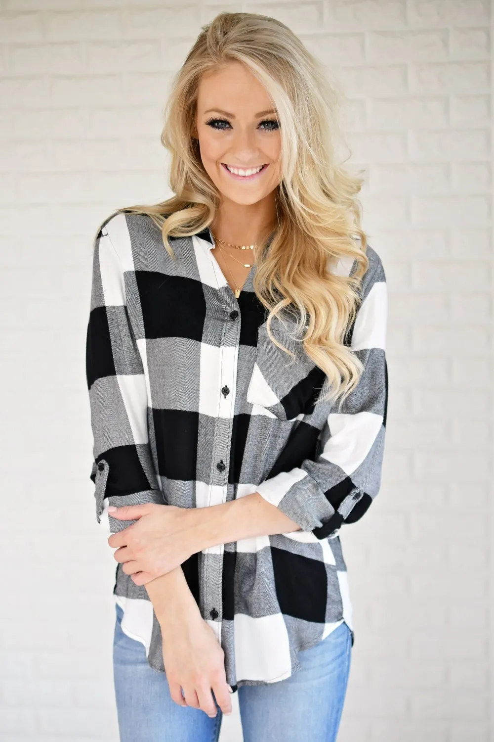 White & Black Plaid Button Up Top