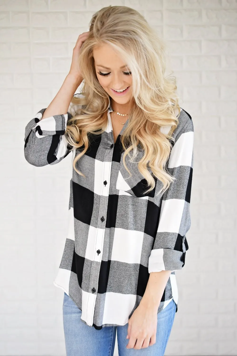 White & Black Plaid Button Up Top