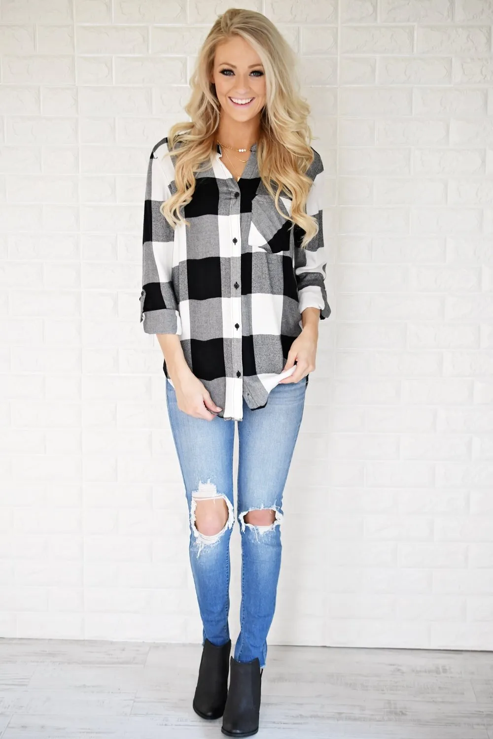White & Black Plaid Button Up Top