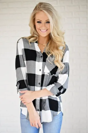 White & Black Plaid Button Up Top