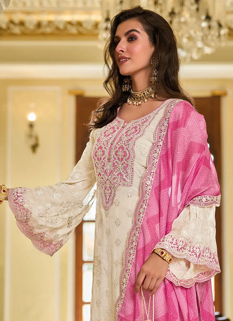 White And Pink Embroidered Traditional Salwar Kameez