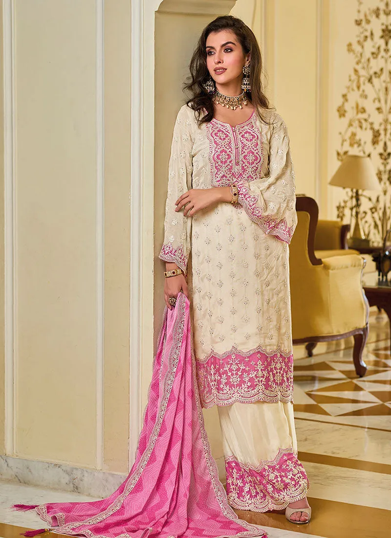 White And Pink Embroidered Traditional Salwar Kameez