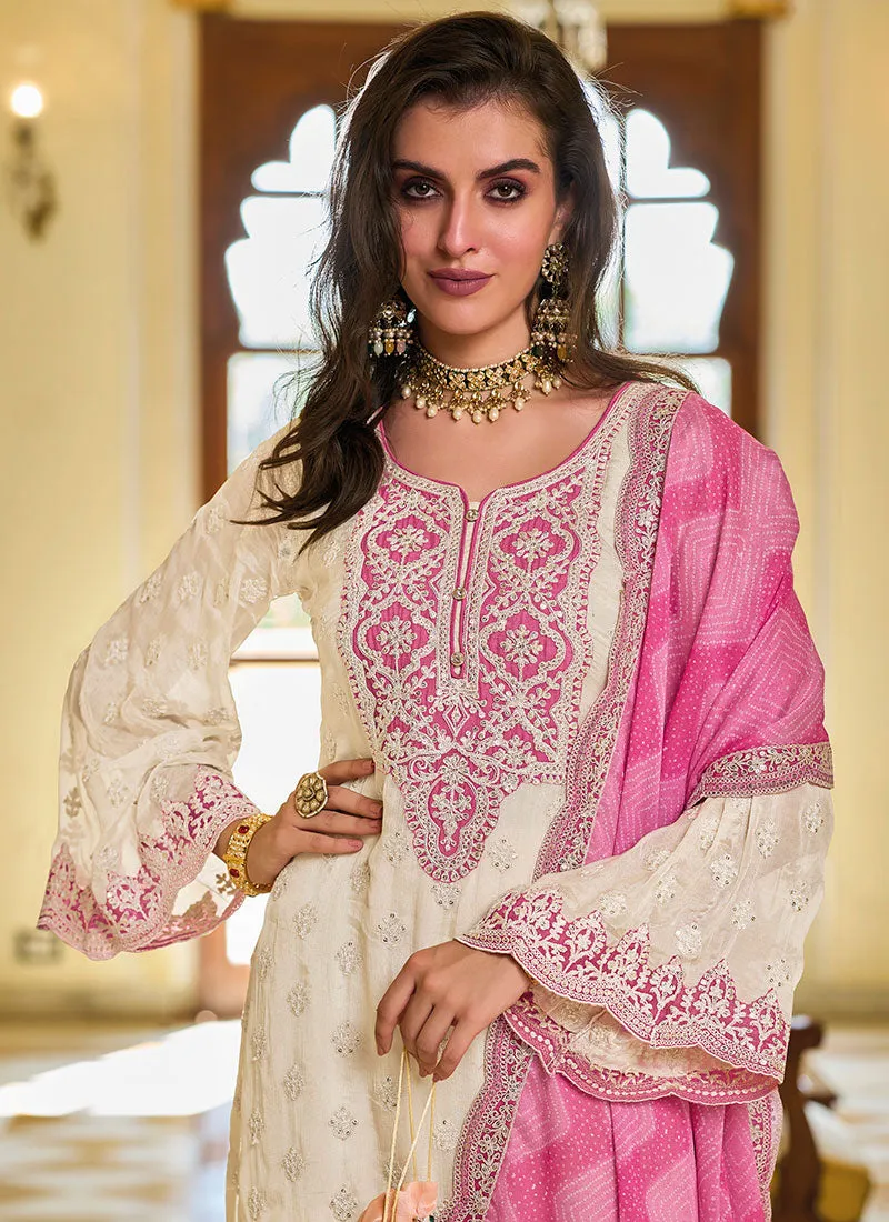 White And Pink Embroidered Traditional Salwar Kameez